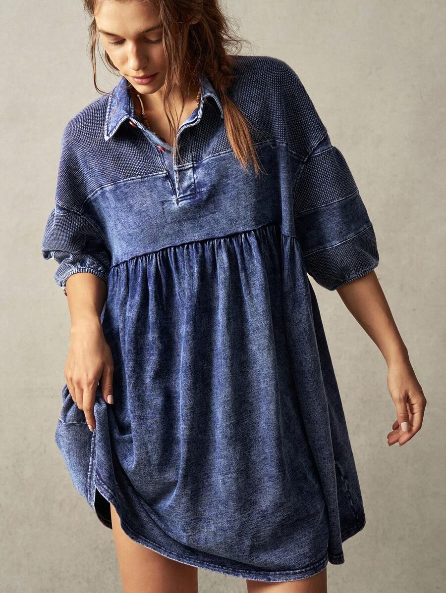Bohemela Women's Casual Solid Color Woven Denim Short Sleeve Turndown Collar Long Shirt