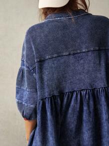 Bohemela Women's Casual Solid Color Woven Denim Short Sleeve Turndown Collar Long Shirt