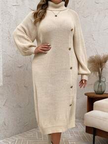 EMERY ROSE Plus Size Women Apricot White Casual Button Raglan Sleeve Loose Long Knitted Maxi Sweater Dress, For Winter