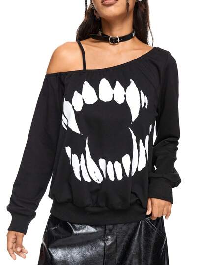 Goth Sweat-shirt ample à manches longues en coton pour femme, style gothique foncé, épaules obliques, imprimé crocs de vampire, coupe ample