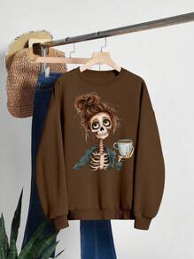 INAWLY Áo nỉ dài tay cổ tròn họa tiết đầu lâu dáng rộng cho nữ mùa thu đông - Cà phê nâu - Xem 3