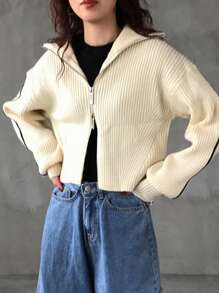 FRIFUL Áo khoác cardigan dáng rộng cổ cao, khóa kéo phía trước, đơn sắc, thời trang thu/đông, tay dài, quần áo nữ mùa thu - Màu be - Xem 2