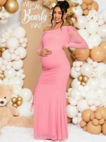 Loomaby Maternity Solid Color Asymmetric Neck Long Sleeve Side Drawstring Split Hem Dress, Elegant,Autumn For Baby Shower Party