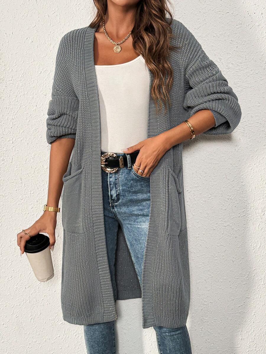 Chiquease Women's V-Neck Knit Cardigan With Pockets, Casual & Warm, Gray With Gold Threads Fall Cloth For Women - Grey - View 1