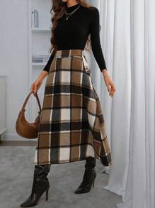 SHEIN Clasi Plaid Pocket Simple Knee-Length Skirt, Casual Everyday Wear