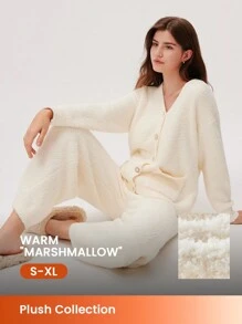 LUVLETTE Autumn And Winter Winter Fuzzy Fleece Button-Up & Pants Loungewear Pajama Set Lingerie As Outerwear Fall Pajamas Clothes - Beige - View 1