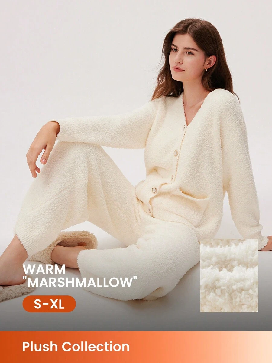 LUVLETTE Autumn And Winter Winter Fuzzy Fleece Button-Up & Pants Loungewear Pajama Set Lingerie As Outerwear Fall Pajamas Clothes - Beige - View 1