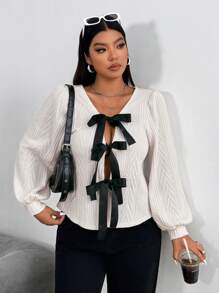 SHEIN Unity Plus Size Thick White Jacquard Knit Sweater With Puff Lantern Sleeves, Bowknot And Open Front Design, Suitable For Autumn And Winter - Apricot - View 7