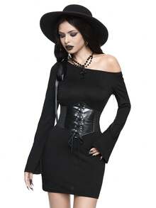 ROMWE Goth Sexy High Elasticity Black Bodycon Dress With Waist Tied Bow Detail And Asymmetrical Neck Long Sleeve Design For Women - Black - View 3