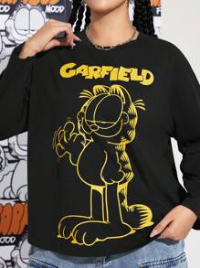 GARFIELD | SHEIN Camiseta negra informal de manga larga, cuello redondo y hombros caídos con gráfico de texto de dibujos animados para mujer talla grande, otoño - Negro - Ver 3