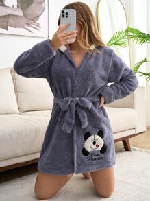 EURMUSE Women Plush Panda Embroidery With Ear Hoodie Robe - Grey - View 6