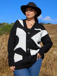 RueChic Plus Size Casual Colorblock Asymmetrical Pattern Cardigan, Autumn/Winter