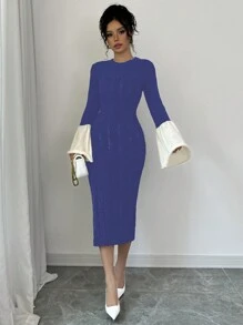 Elenzga 女式喇叭袖撞色毛衣连衣裙 - 寶藍色 - 查看 3