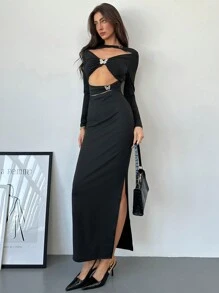 Aloruh Damen neue Metallic-Schleife Akzent Ausschnitt körperbetontes Mini-Kleid - Schwarz - Übersicht 2