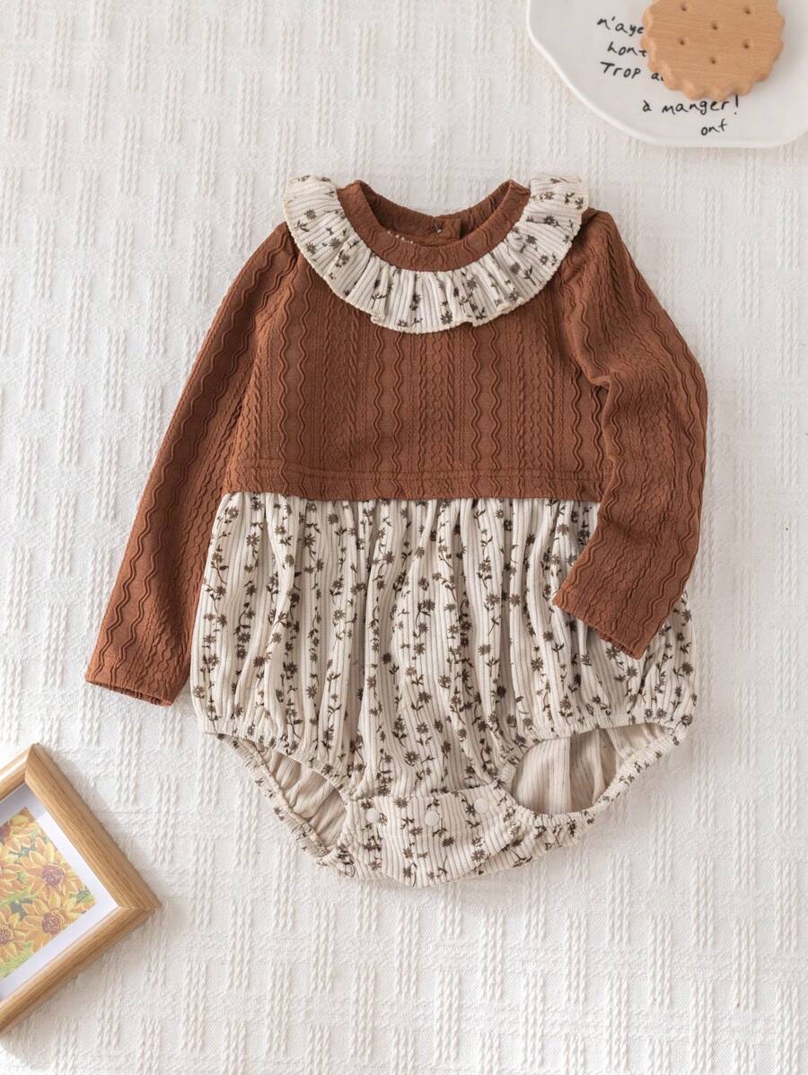 Cozy Pixies Baby Girl Ditsy Floral Color Block Round Neck Ruffle Trim Long Sleeve Bodysuit - Multicolor - View 1