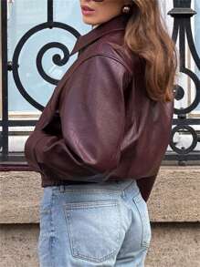 女士 PU 夹克，休闲宽松飞行员夹克秋冬款 - 酒紅色 - 查看 2
