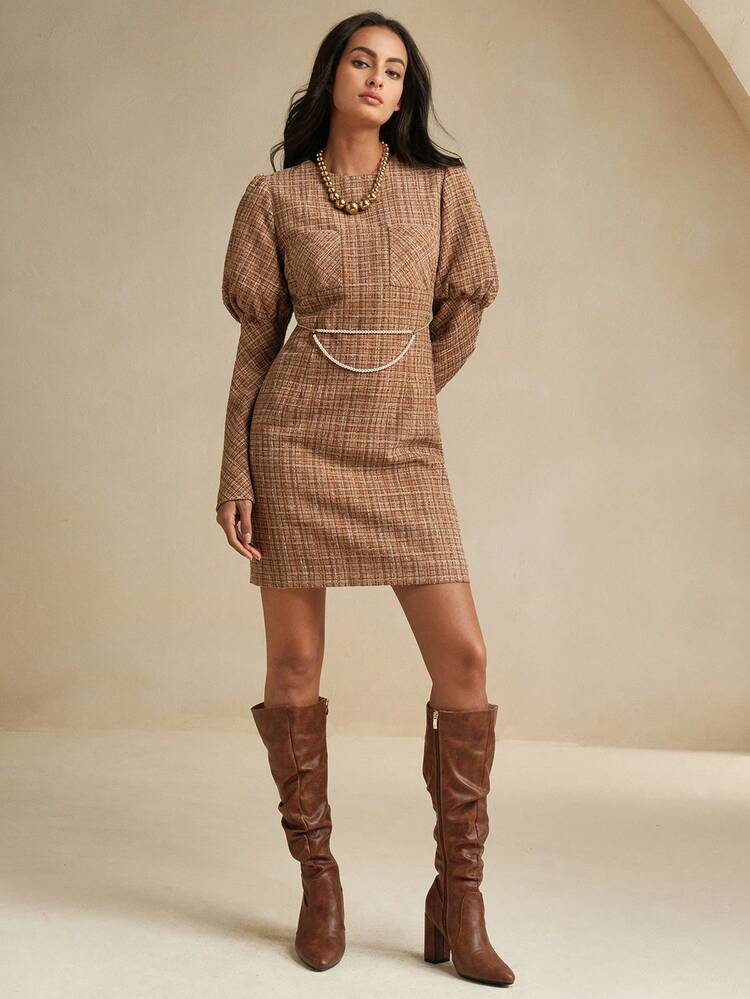 Women's Retro Faux Pearl Embellished Gigot Sleeve Tweed Dress, Autumn