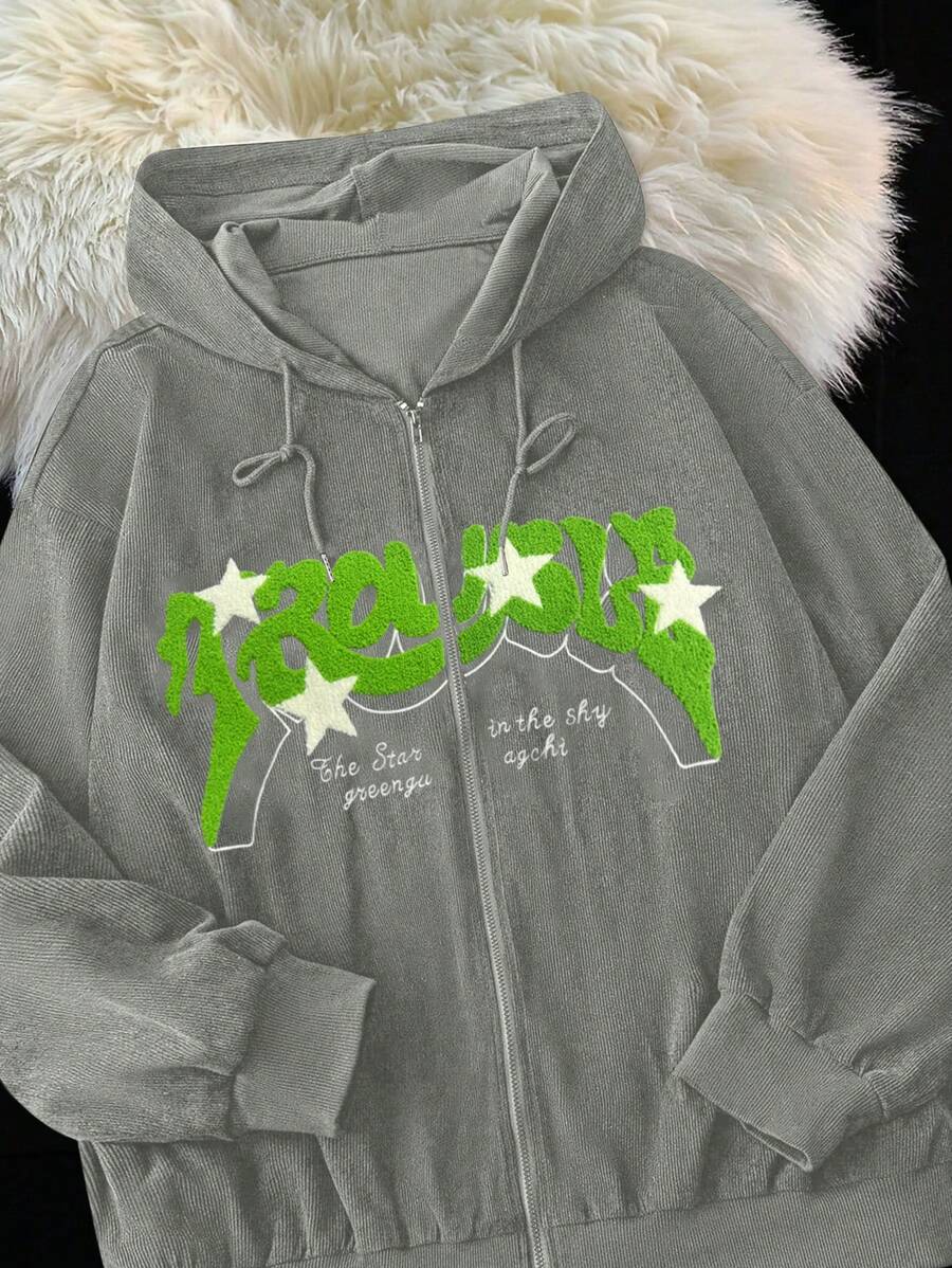 Flirla 大码女式刺绣字母抽绳休闲拉链连帽衫