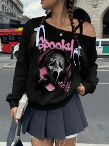 SHEIN EZwear Áo thun dài tay thoải mái thường ngày dành cho nữ có họa tiết bộ xương in Graffiti, dây đeo chéo, cổ tay chun, màu hồng - màu đen - Xem 1