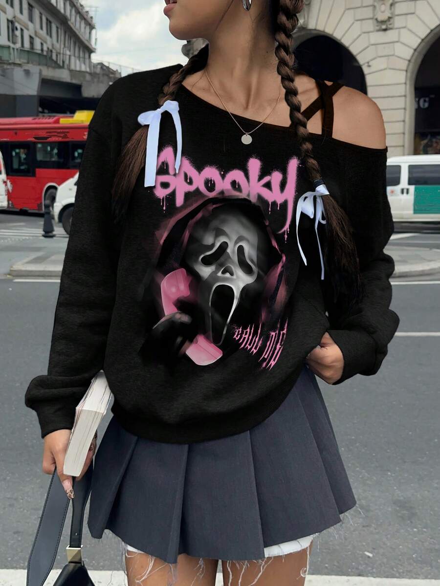 SHEIN EZwear Áo thun dài tay thoải mái thường ngày dành cho nữ có họa tiết bộ xương in Graffiti, dây đeo chéo, cổ tay chun, màu hồng - màu đen - Xem 1