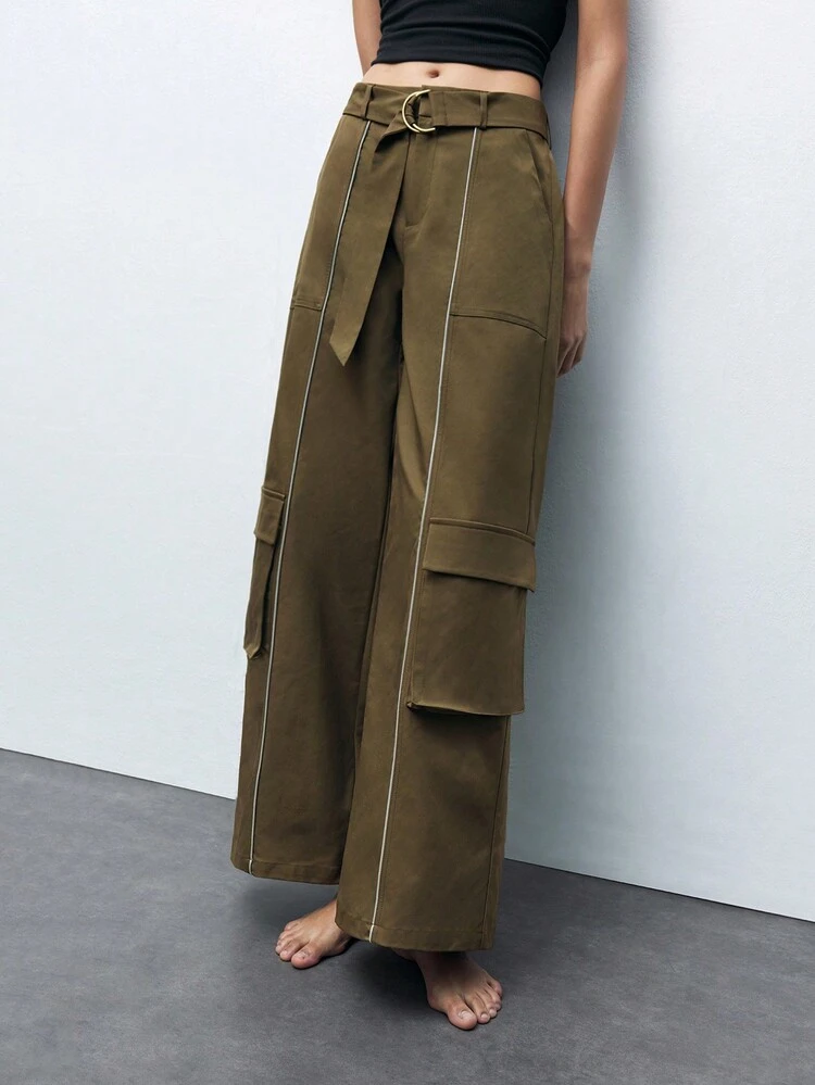 SHEIN Maija 여성용 루즈핏 와이드 레그 캐주얼 바지 포켓 포함