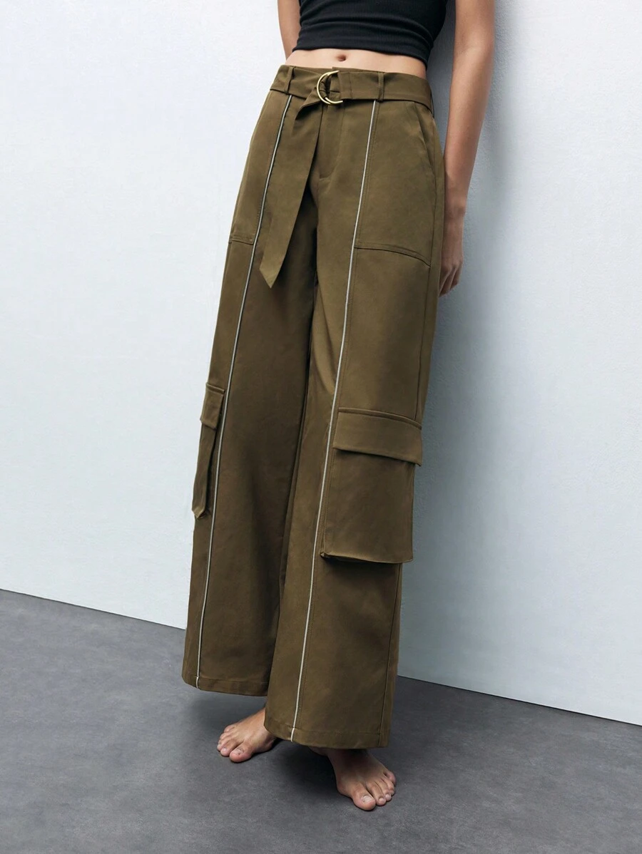 Maija Women's Loose Fit Wide Leg Casual Pants With Pockets - Brown - View 1