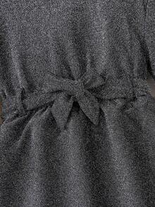 SHEIN 年轻女孩灯笼袖系带闪光连衣裙，优雅长袖蛋糕裙，适合秋冬季，圣诞节红色，派对装，日常穿校服，生日礼服，公主裙，妈妈和女儿及姐妹搭配 - 黑色 - 查看 5