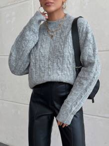 EURMUSE Plain Crew Neck Twist Pattern Casual Pullover Sweater - Grey - View 2