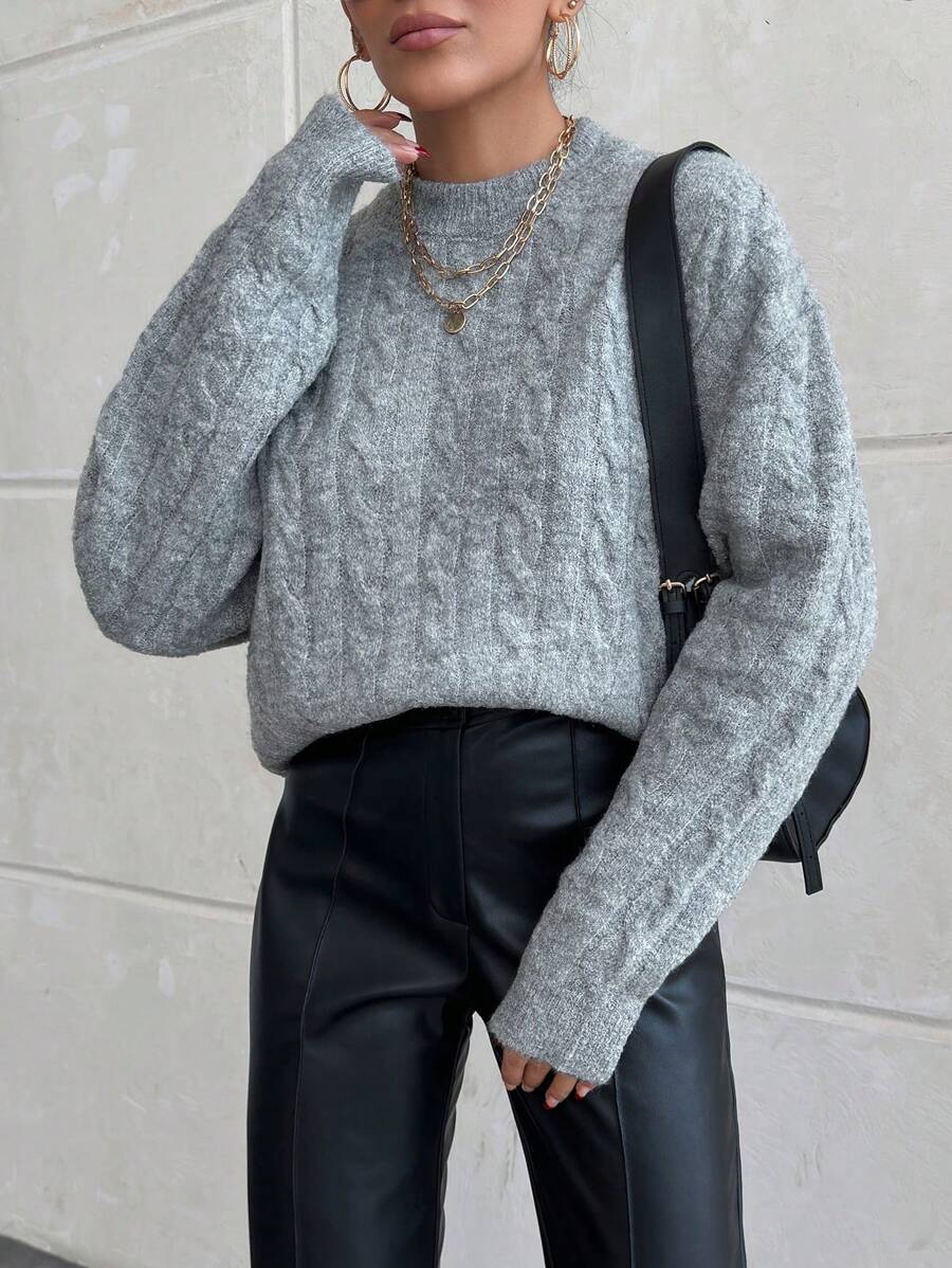 EURMUSE Plain Crew Neck Twist Pattern Casual Pullover Sweater