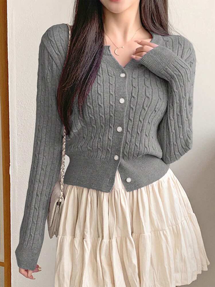 Women Casual Solid Color Cable Knit Fitted Cardigan, Autumn/Winter,Long Sleeve Tops