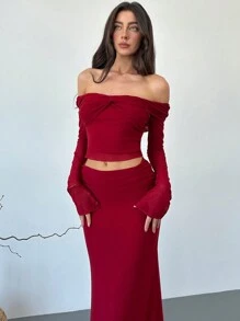 Aloruh Elegant Off-Shoulder Twist Top & Low-Waist Mesh Skirt 2-Piece Set, Minimalist Street Outfit - Red - View 8