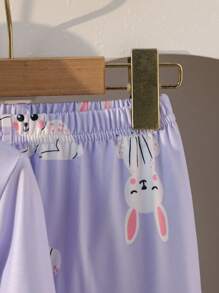 2pcs/Set Young Girl Cute Fun Yellow Long Sleeve Top & Long Pants With 3D Rabbit Ears Homewear Sets, Comfortable Stretchy - Purple - View 5