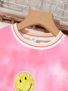 Vestido de manga larga con cuello redondo, estampado minimalista de teñido anudado y cara sonriente de amor para niña preadolescente