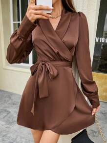 Gownix Elegant Women's Winter Long Sleeved Rust Brown Front Chest Overlapping Wrap, Cuffs With Pleated Satin Waistband, A-List Dress - Brown - View 4