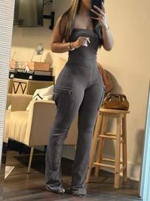 Women's Utility Pockets Camisole Casual Textured Jumpsuit - 深灰色 - 查看 5