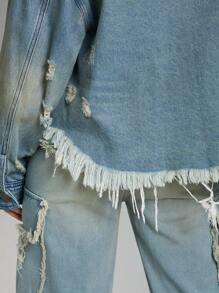 SHEIN Unity Premium Denim Western Tinted Ripped Denim Shacket - Medium Wash - View 2