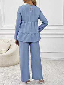 SHEIN Bộ 2 món/Bộ quần áo tay dài màu trơn đơn giản cho bà bầu, mùa thu, dành cho bà bầu - Màu xanh nhạt - Xem 2