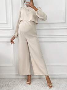SHEIN Maternity Casual Solid Color Lantern Sleeve Jumpsuit, Autumn - Apricot - View 3