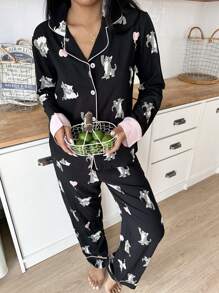 SweetSlumber Conjunto de pijama de verano de top y pantalones con estampado de gato y ribete en bloque de color, cómodo y casual para mujeres