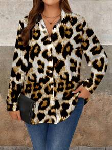 SHEIN LUNE Lässiges leopardengemustertes Große Größen-Damen-Langarmhemd mit Hemdkragen und Knopfleiste, geeignet für Herbst und Winter