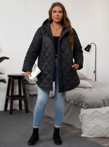 SHEIN LUNE 大码冬季休闲纯色连帽保暖特殊面料棉服外套，冬季女装