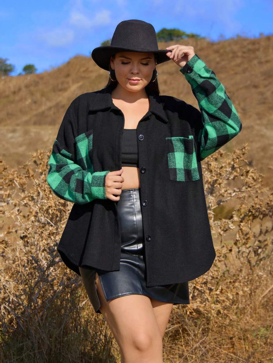 SHEIN Cottnline Plus Plaid Print Drop Shoulder Pocket Patched Jacket - Black - View 1