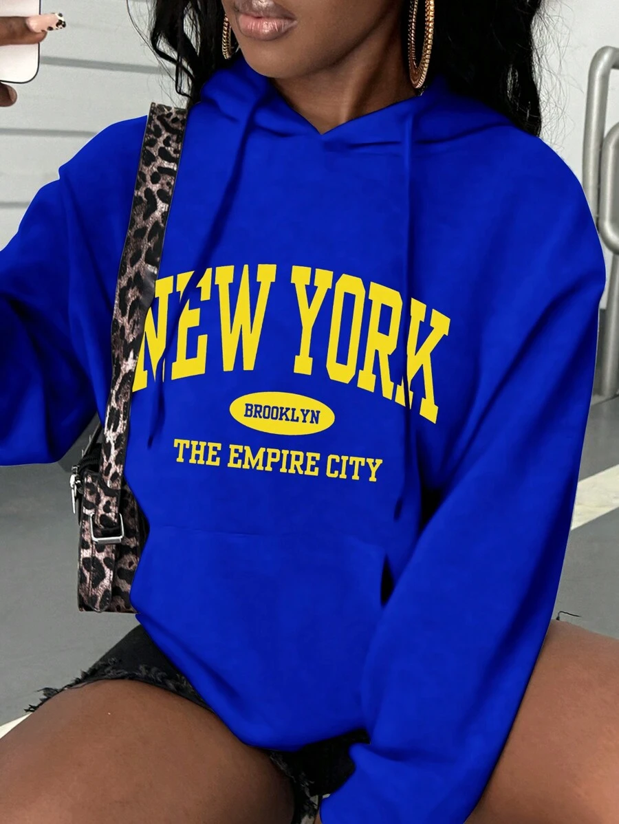 INAWLY 女士字母印花抽绳连帽运动衫、休闲套头衫、秋冬季、长袖上衣