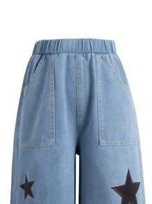 SHEIN 2pcs/Set Tween Girl/Teen Five-Pointed Star Print Denim Pants And Gray Casual Undershirt