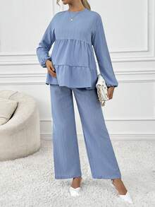 SHEIN Bộ 2 món/Bộ quần áo tay dài màu trơn đơn giản cho bà bầu, mùa thu, dành cho bà bầu - Màu xanh nhạt - Xem 4