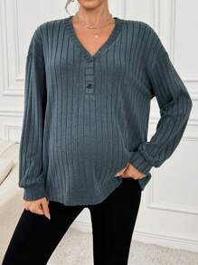 SHEIN Maternity V-Neck Ribbed Casual Long Sleeve T-Shirt - Dusty Blue - View 3