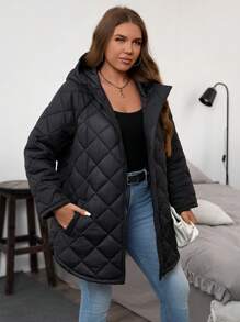 SHEIN LUNE 大码冬季休闲纯色连帽保暖特殊面料棉服外套，冬季女装