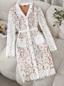 SHEIN Lady Vestido de convidado de casamento de primavera e verão, elegante, branco, manga comprida, contraste, renda, vestidos femininos - Multicolorido - Ver 4