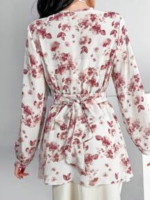 Modelyn 女士优雅花卉印花灯笼袖衬衫，春秋