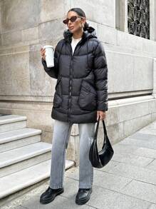 EURMUSE WOMAN BLACK PUFFY WINTER COAT WITH POCKETS - Black - View 1